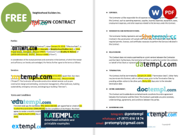 generate sample construction contract , Word and PDF format