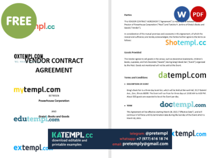 generate vendor contract agreement , Word and PDF format
