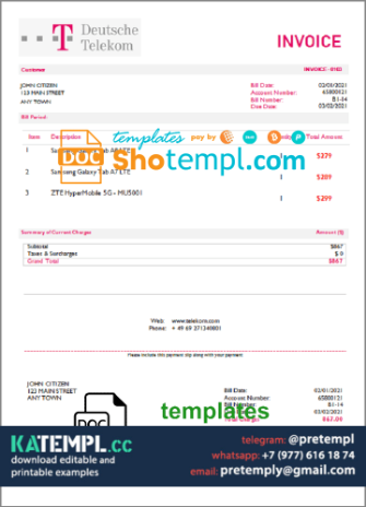 generate USA Deutsche Telecom invoice in Word and PDF format, fully ...