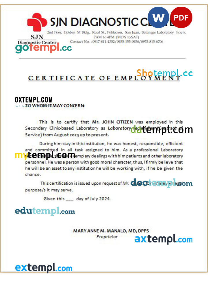 Puerto Rico Secondary Clinic-based Laboratory certificate of employment ...
