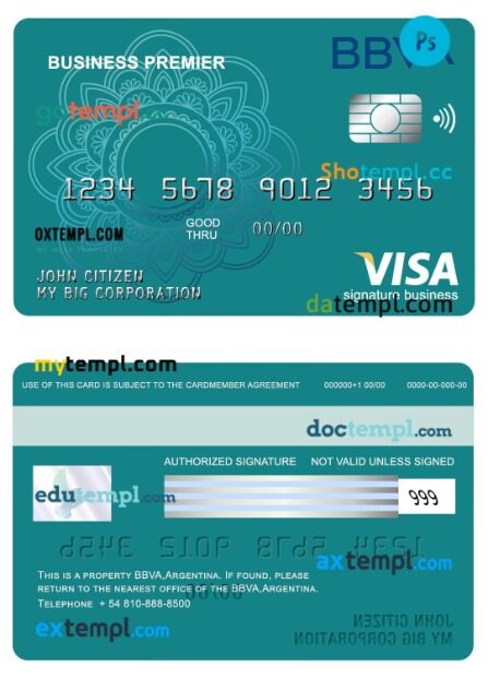 Argentina BBVA bank business visa signature card template in PSD format